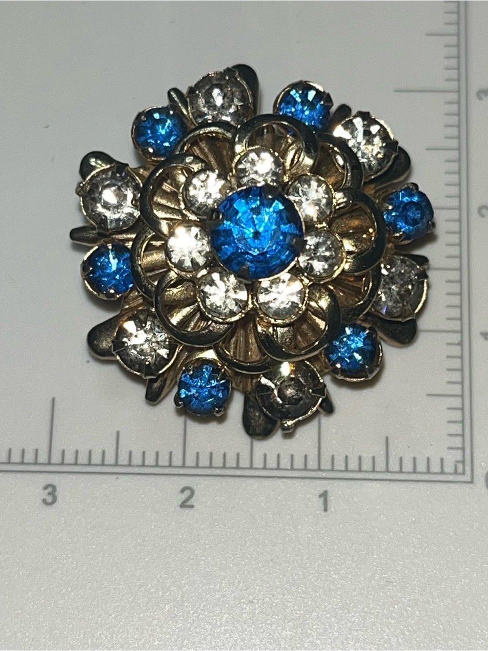 Vintage Blue & Clear Rhinestone Floral Brooch Gold Tone Statement Pin
